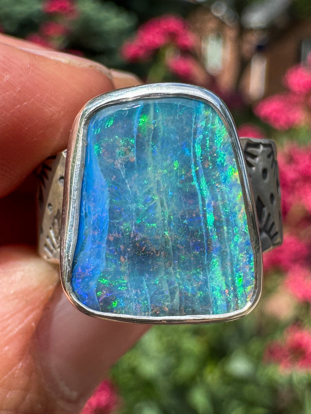 Stripy Boulder Opal Stamped Ring