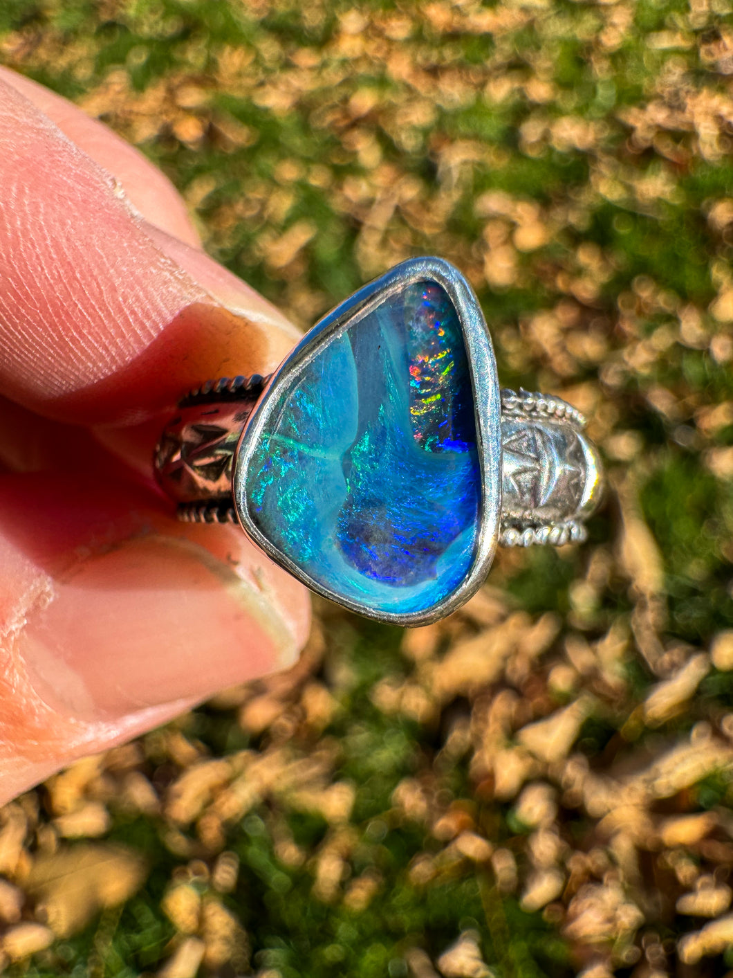 Funky Stamped Australian Opal Ring (sz 10)